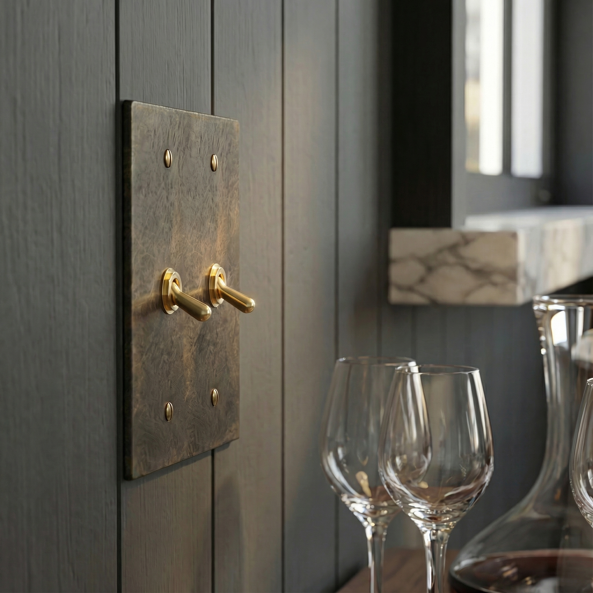 antique brass 2 gang vintage toggle switch plate on dark wood paneling, evoking timeless luxury alongside wine glasses.
