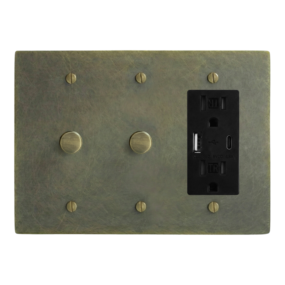 Antique Brass 3-Gang Dimmer, Dimmer & USB Outlet Switch Plate in Black