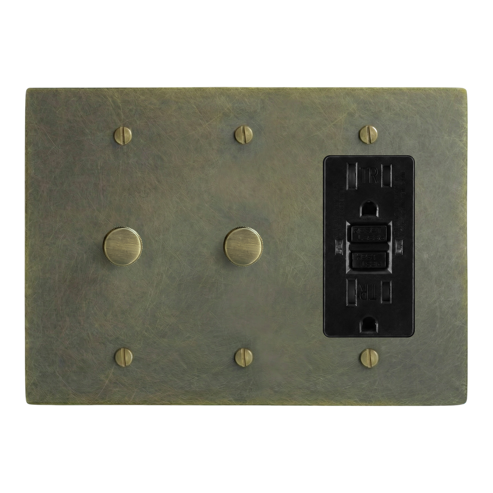 Antique Brass 3-Gang Dimmer, Dimmer & GFCI Outlet Switch Plate in Black
