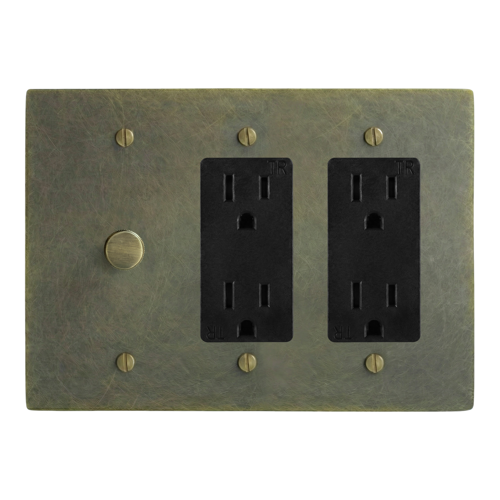 Antique Brass 3-Gang Dimmer, Duplex Outlet & Duplex Outlet Switch Plate in Black