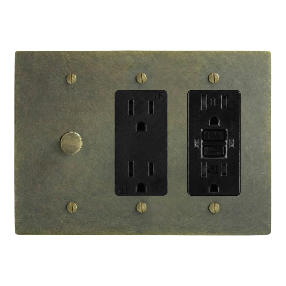 Antique Brass 3-Gang Dimmer, Duplex Outlet & GFCI Outlet Switch Plate in Black