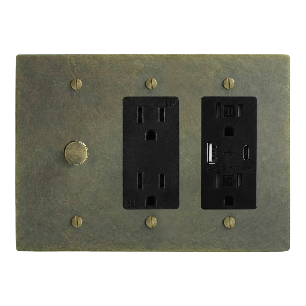 Antique Brass 3-Gang Dimmer, Duplex Outlet & USB Outlet Switch Plate in Black