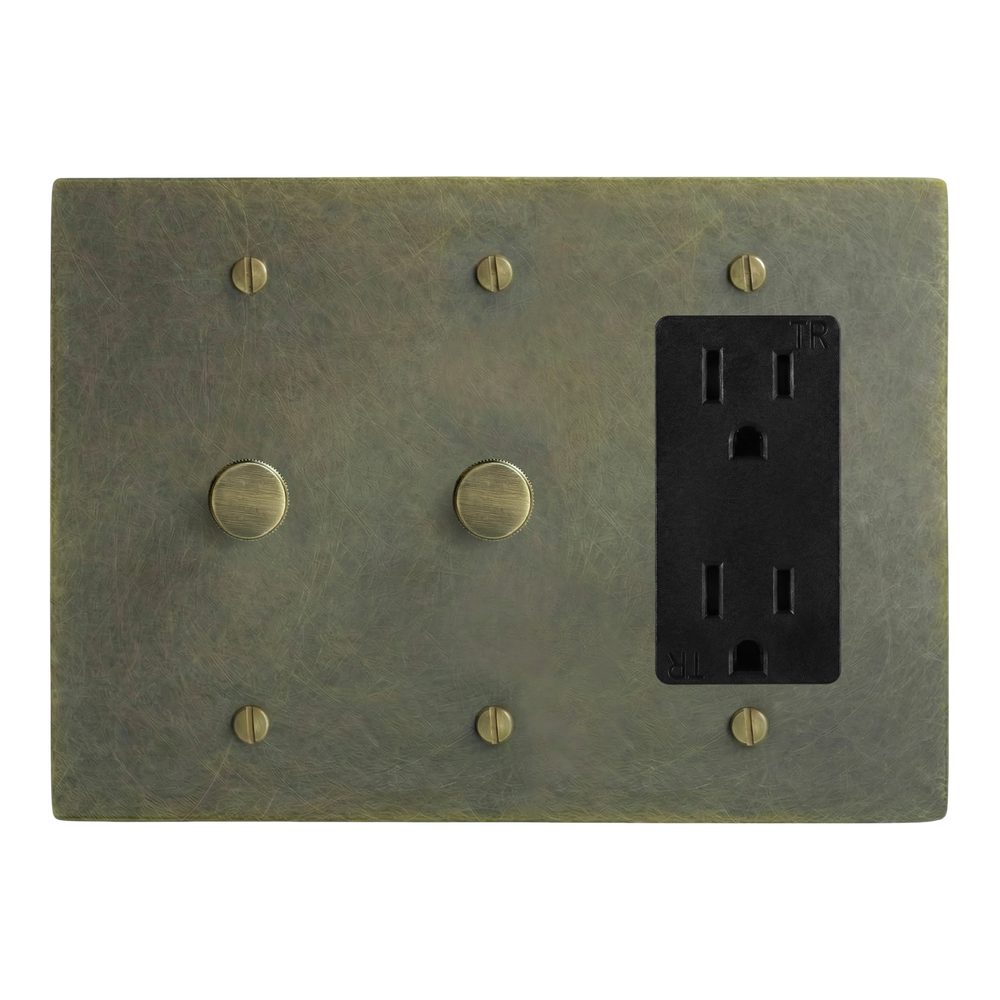 Antique Brass 3-Gang Dimmer, Dimmer & Duplex Outlet Switch Plate in Black