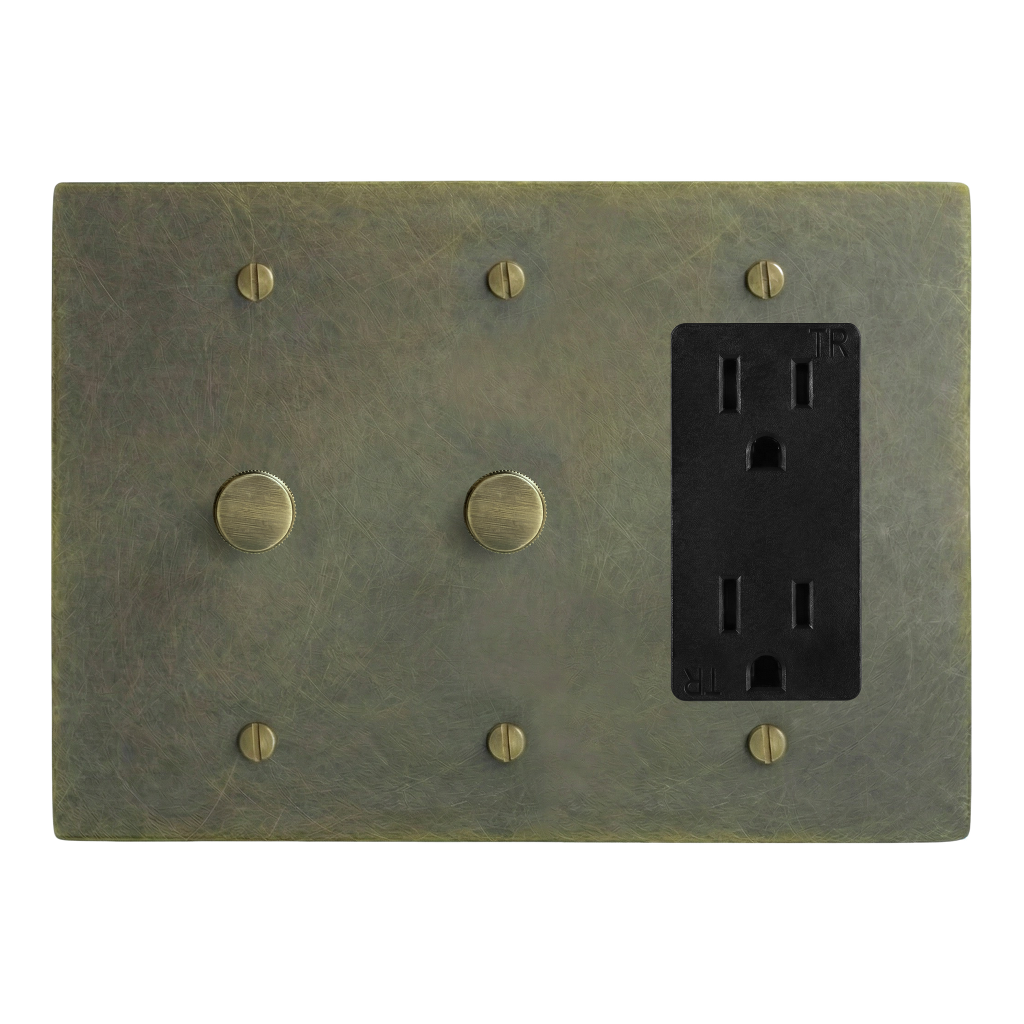 Antique Brass 3-Gang Dimmer, Dimmer & Duplex Outlet Switch Plate in Black