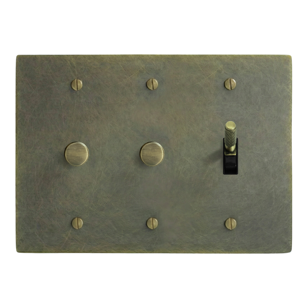 Antique Brass 3-Gang Dimmer, Dimmer & Toggle Switch Plate in Black