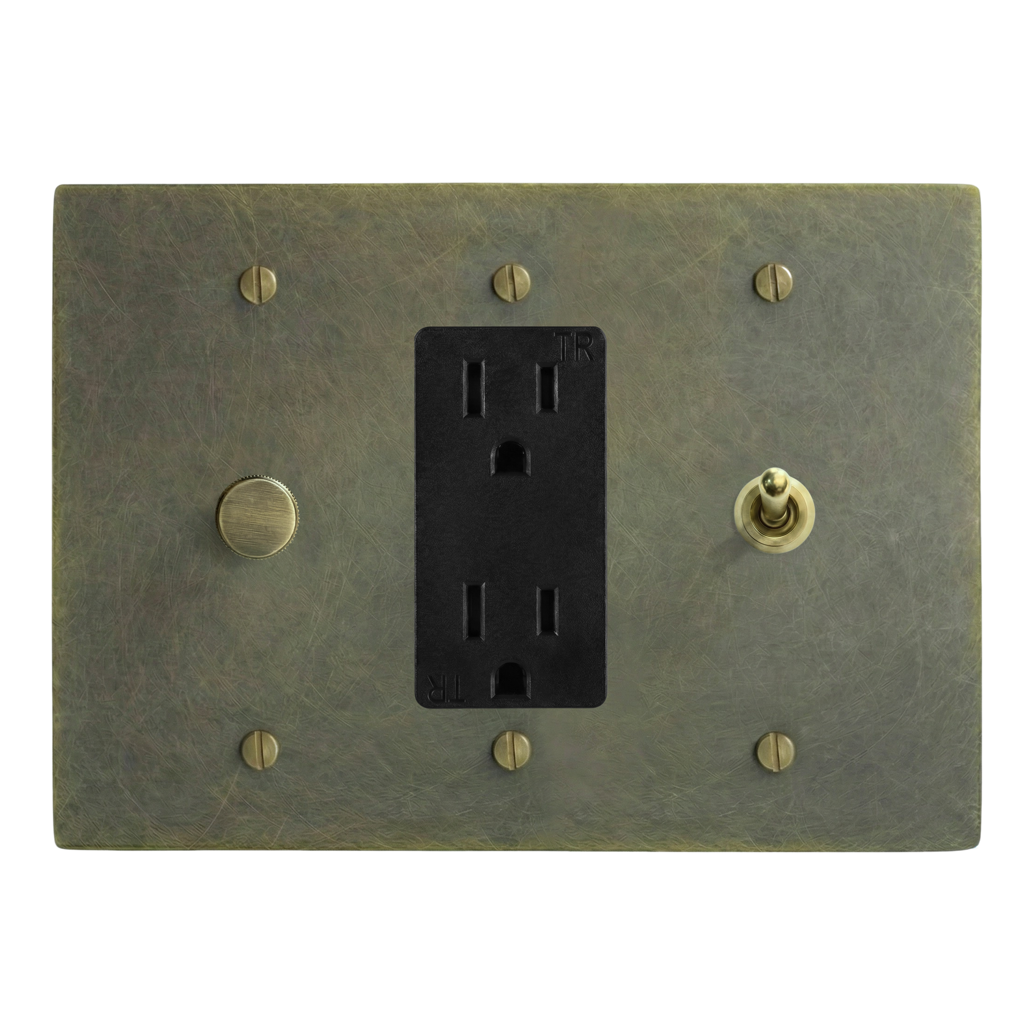 Antique Brass 3-Gang Dimmer, Duplex Outlet & Vintage Toggle Switch Plate in Black