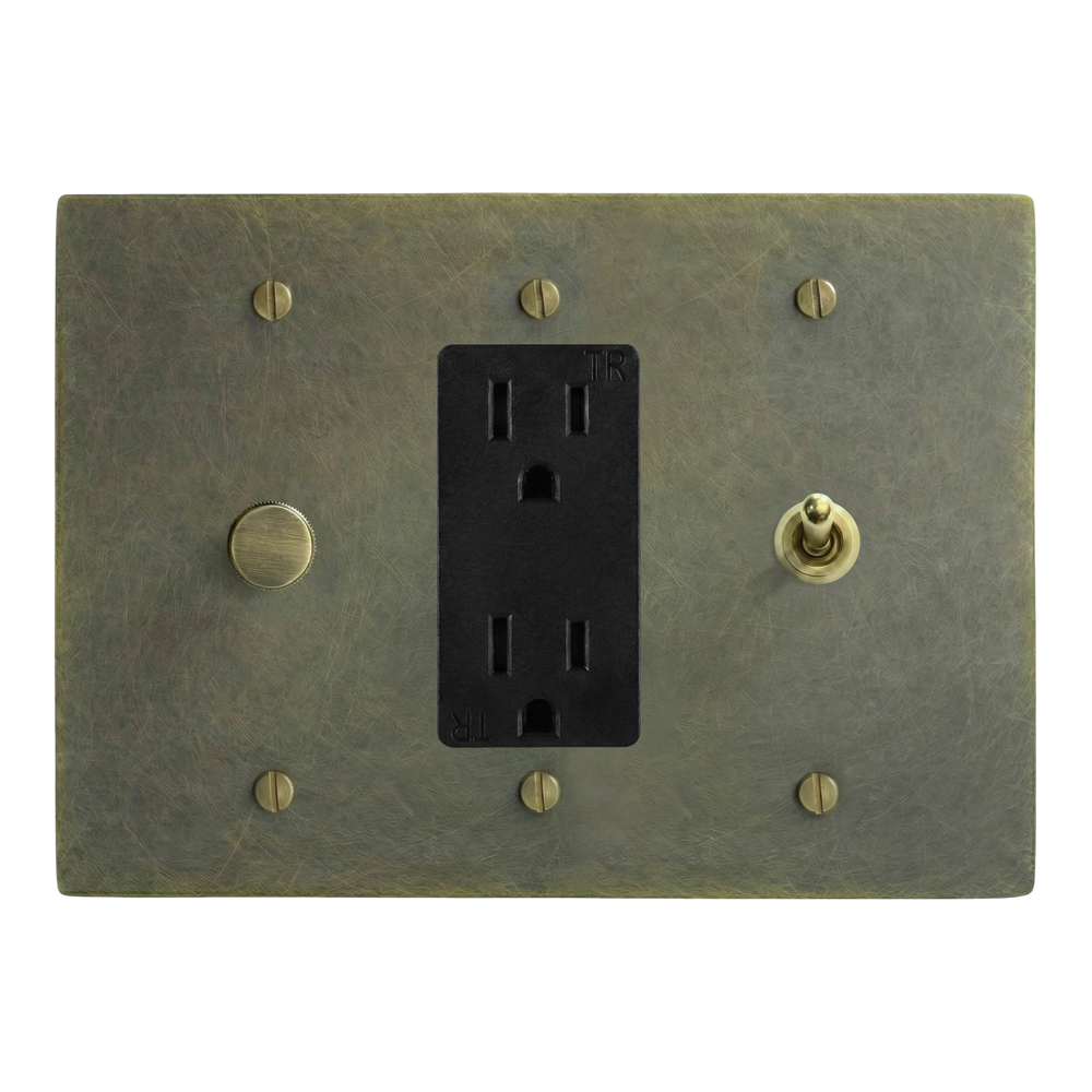 Antique Brass 3-Gang Dimmer, Duplex Outlet & Vintage Toggle Switch Plate in Black