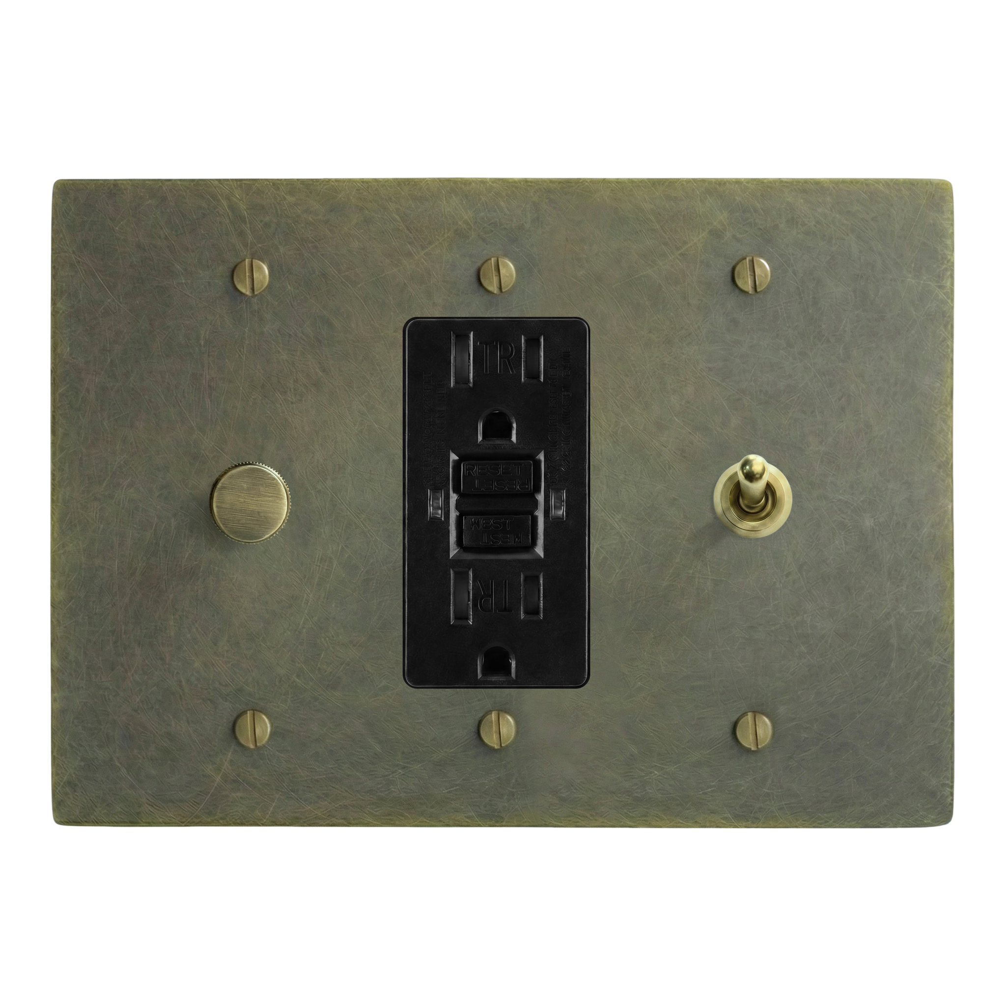 Antique Brass 3-Gang Dimmer, GFCI Outlet & Vintage Toggle Switch Plate in Black
