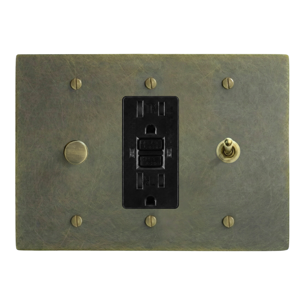 Antique Brass 3-Gang Dimmer, GFCI Outlet & Vintage Toggle Switch Plate in Black