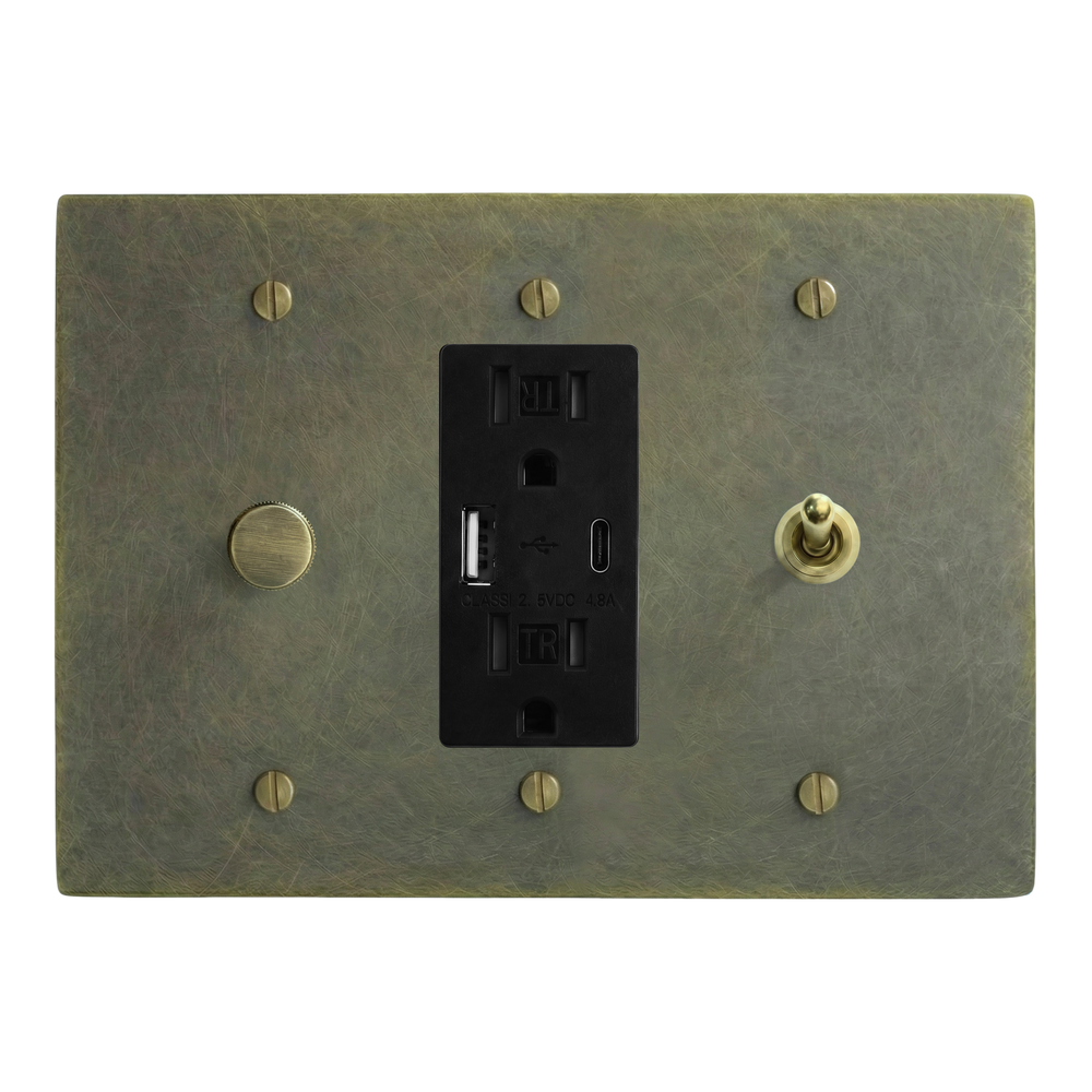 Antique Brass 3-Gang Dimmer, USB Outlet & Vintage Toggle Switch Plate in Black