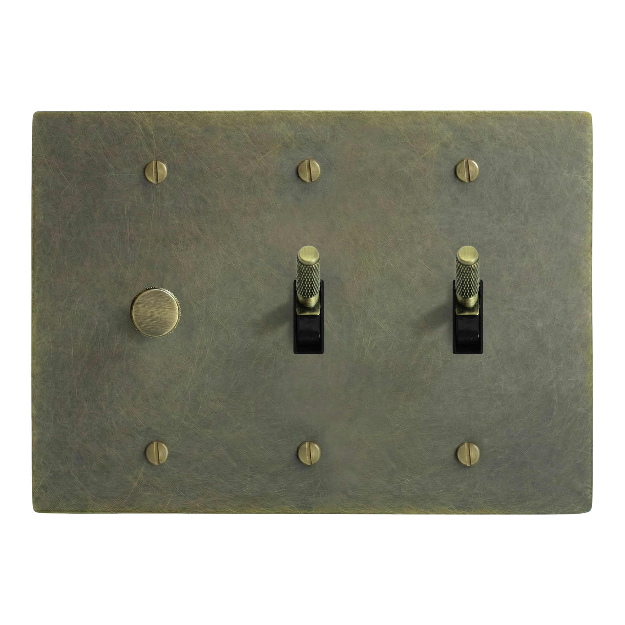 Antique Brass 3-Gang Dimmer, Toggle & Toggle Switch Plate in Black