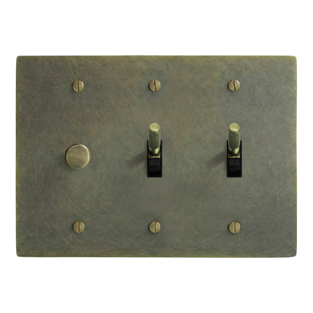 Antique Brass 3-Gang Dimmer, Toggle & Toggle Switch Plate in Black