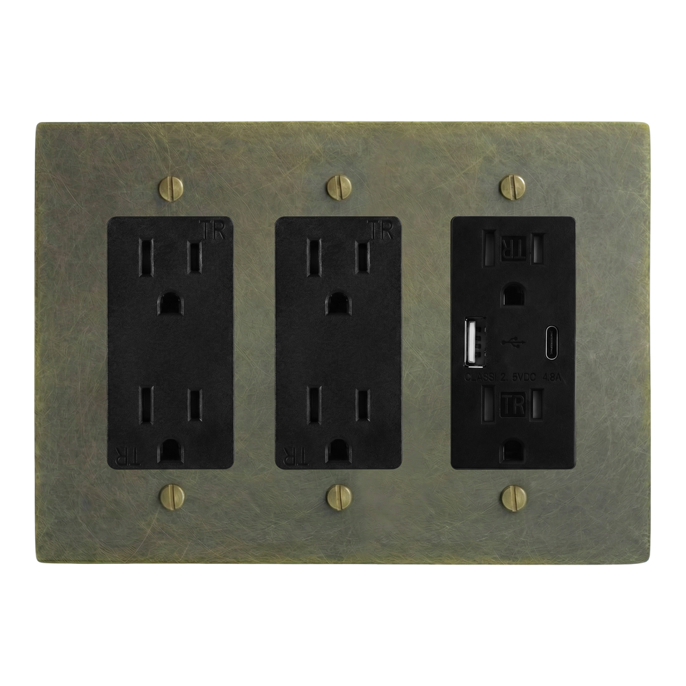 Antique Brass 3-Gang Duplex Outlet, Duplex Outlet & USB Outlet Switch Plate in Black