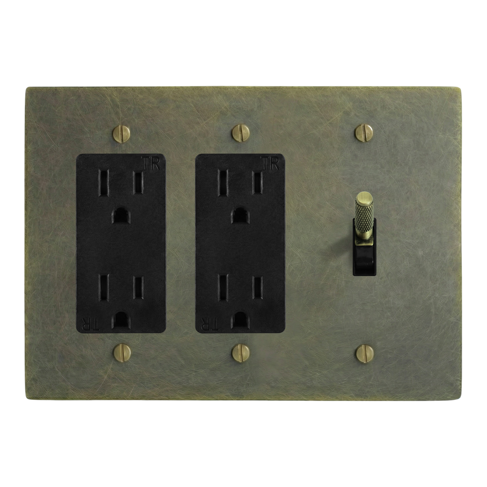 Antique Brass 3-Gang Duplex Outlet, Duplex Outlet & Toggle Switch Plate in Black
