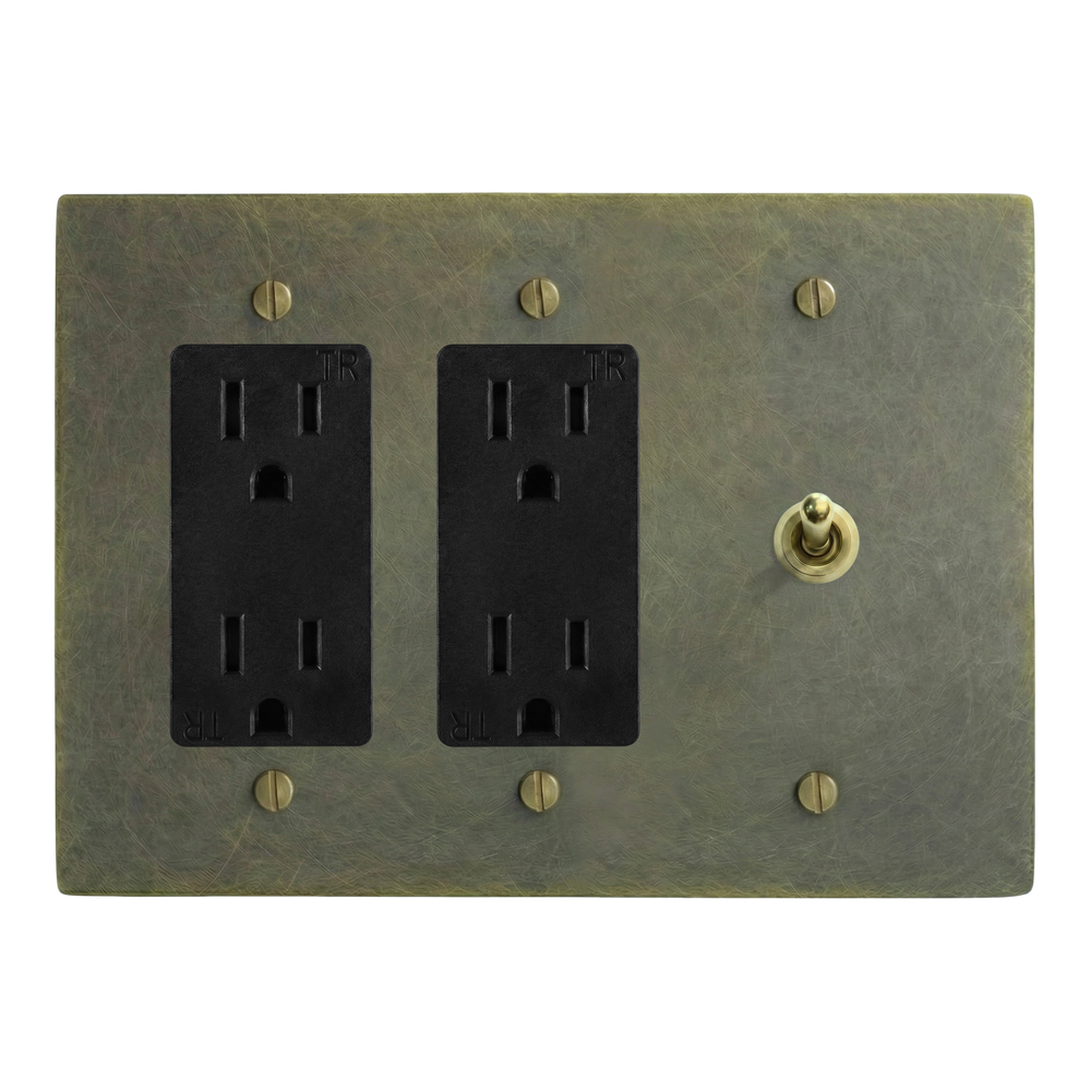 Antique Brass 3-Gang Duplex Outlet, Duplex Outlet & Vintage Toggle Switch Plate in Black