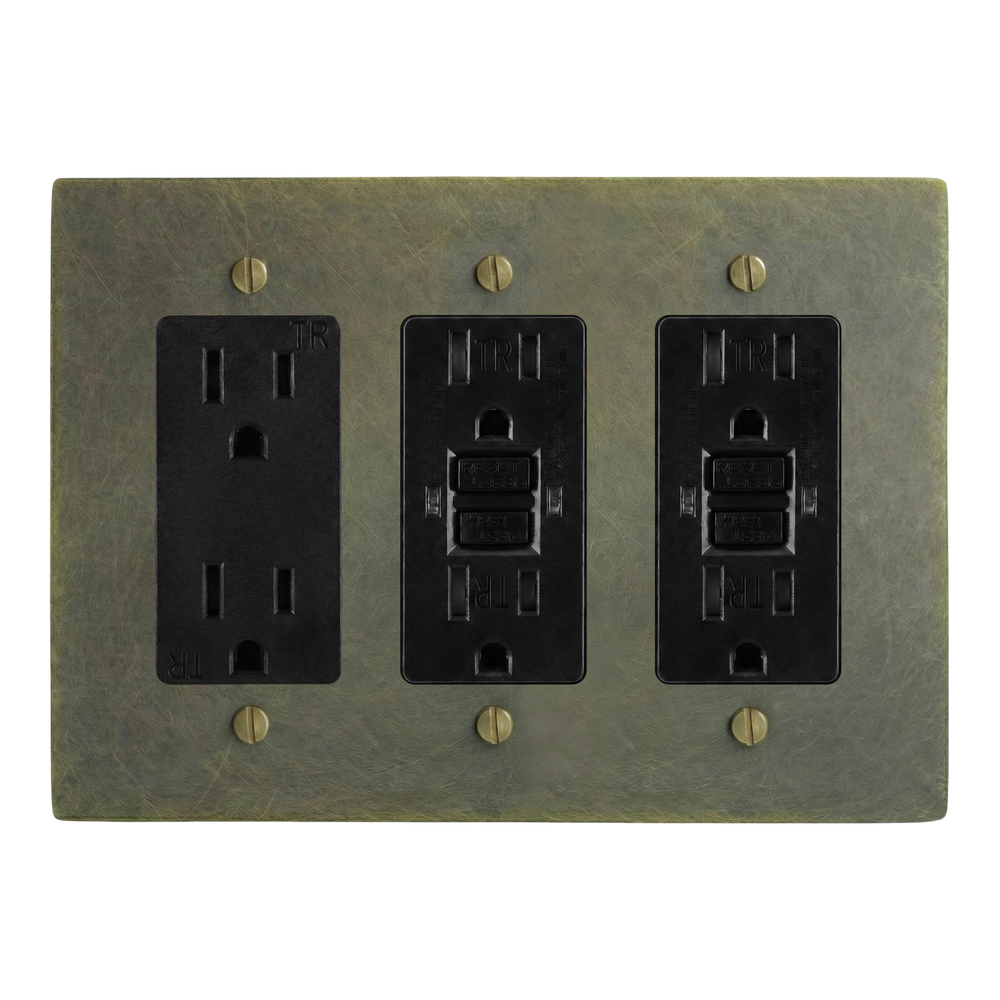 Antique Brass 3-Gang Duplex Outlet, GFCI Outlet & GFCI Outlet Switch Plate in Black