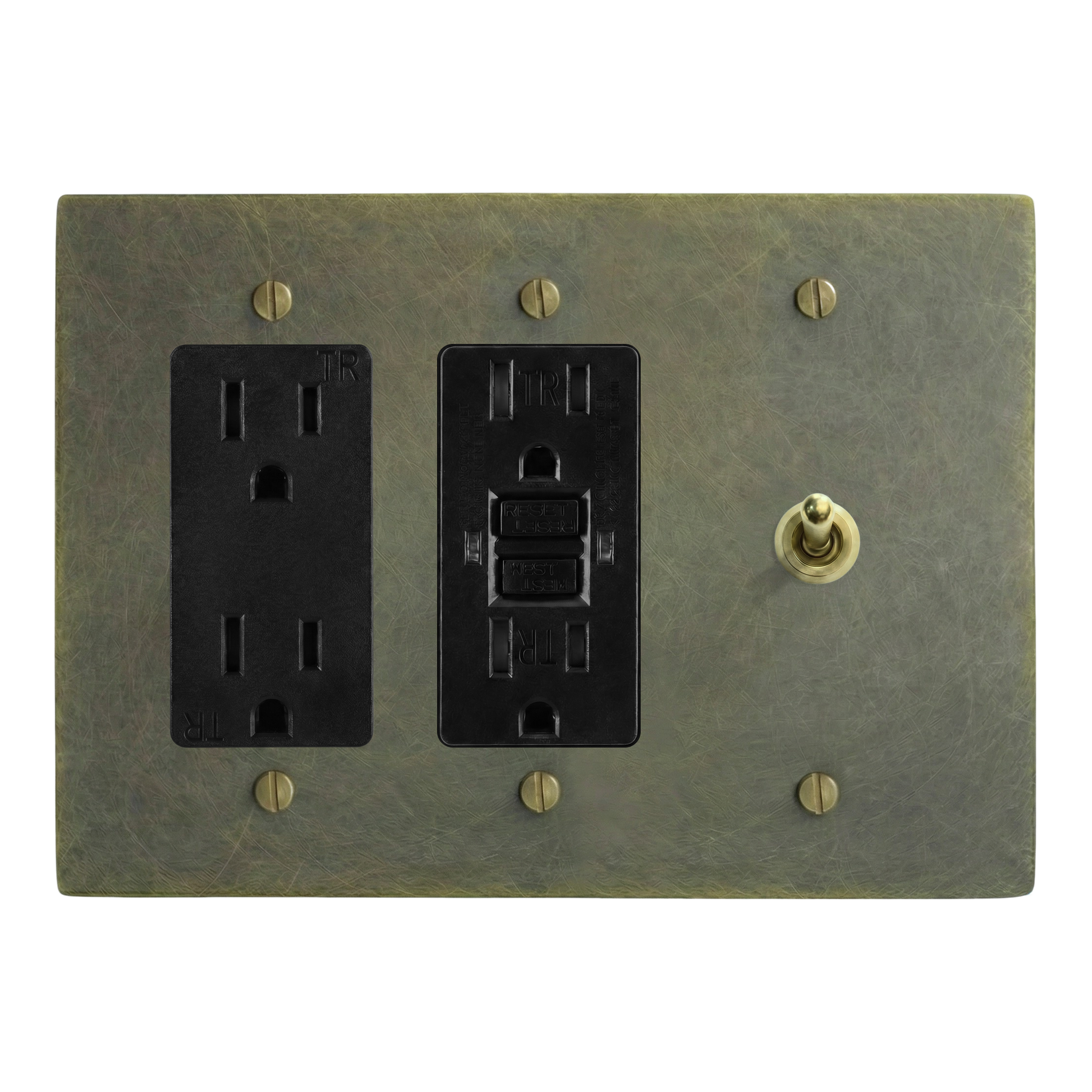 Antique Brass 3-Gang Duplex Outlet, GFCI Outlet & Vintage Toggle Switch Plate in Black