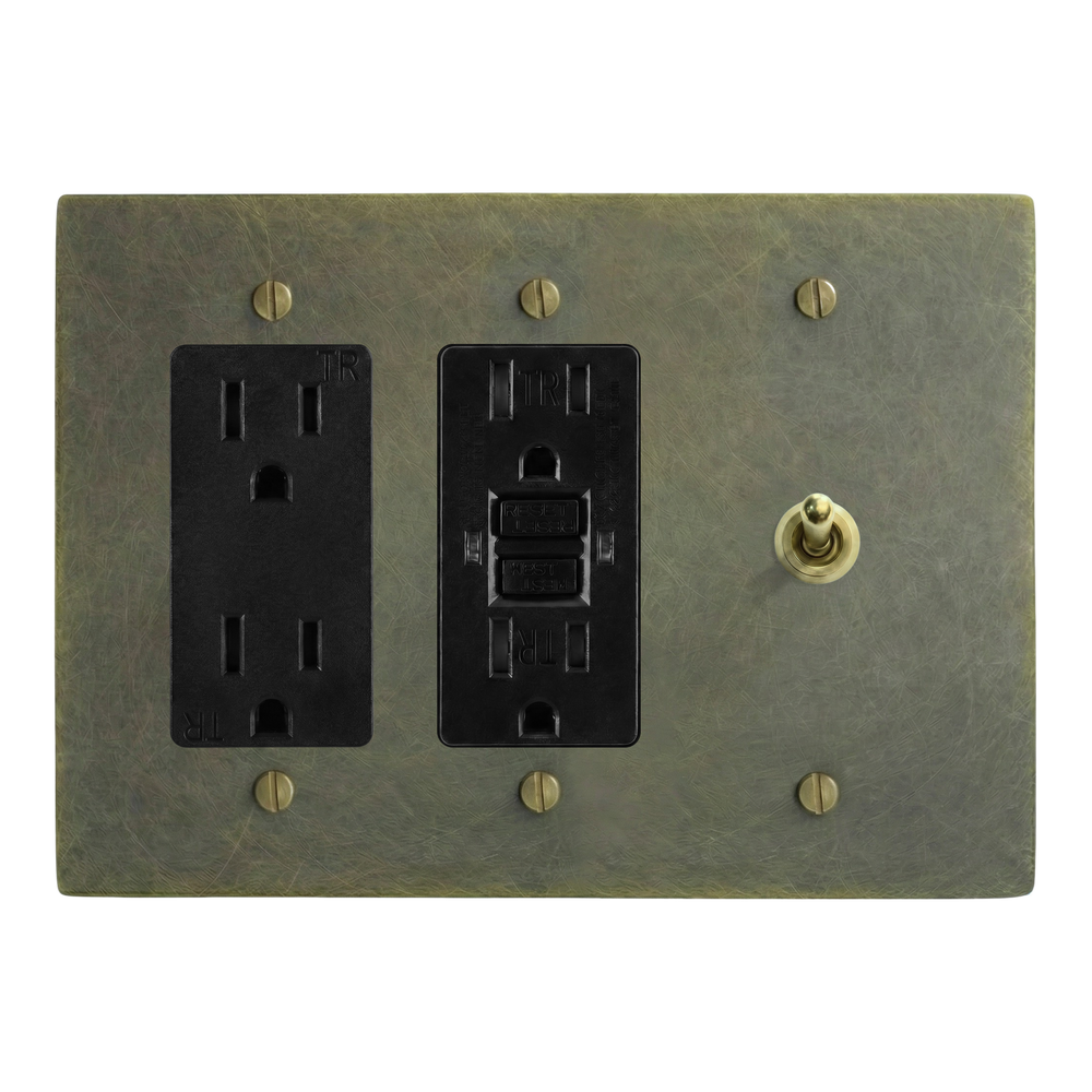 Antique Brass 3-Gang Duplex Outlet, GFCI Outlet & Vintage Toggle Switch Plate in Black