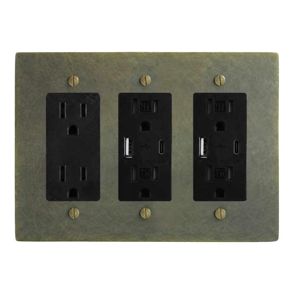 Antique Brass 3-Gang Duplex Outlet, USB Outlet & USB Outlet Switch Plate in Black