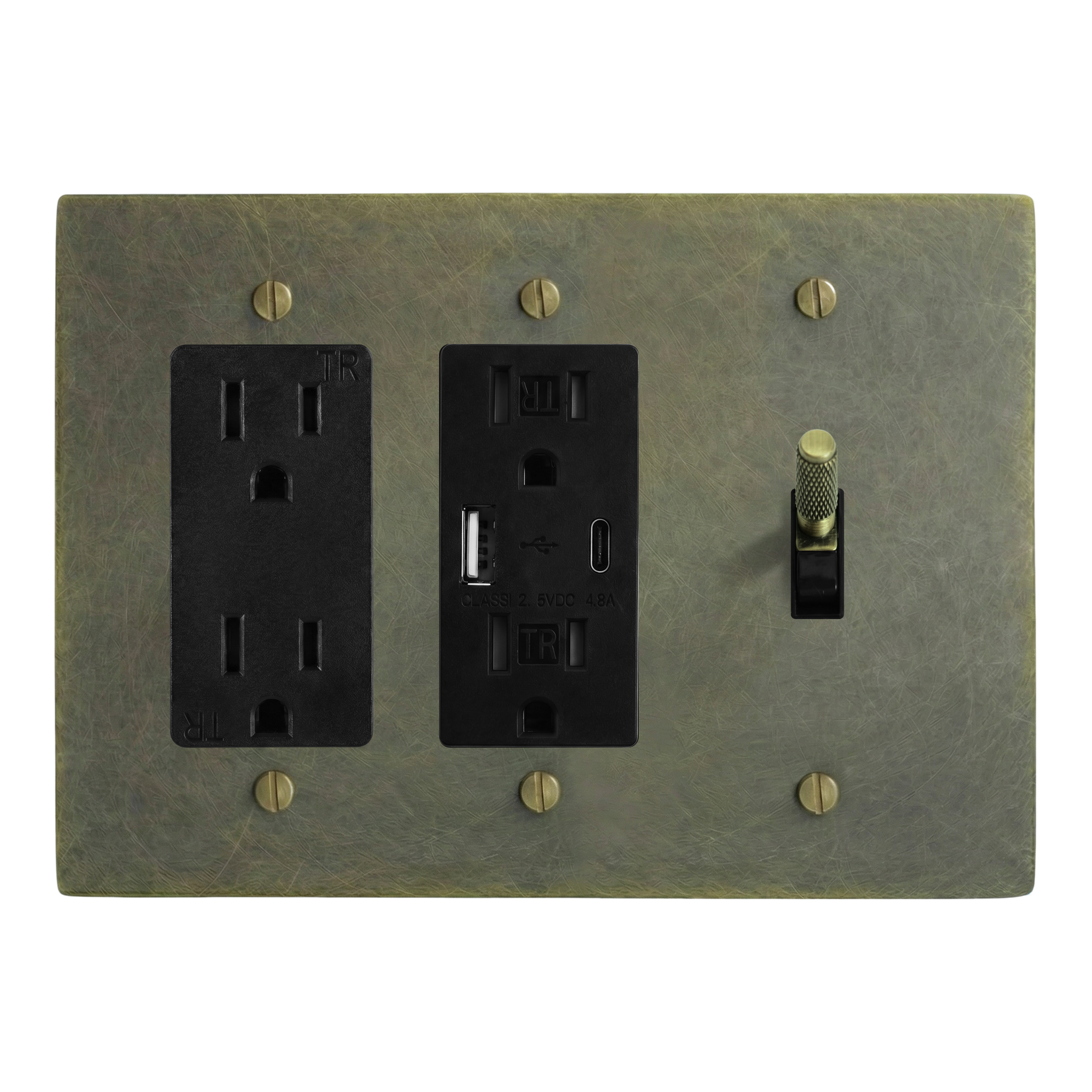 Antique Brass 3-Gang Duplex Outlet, USB Outlet & Toggle Switch Plate in Black
