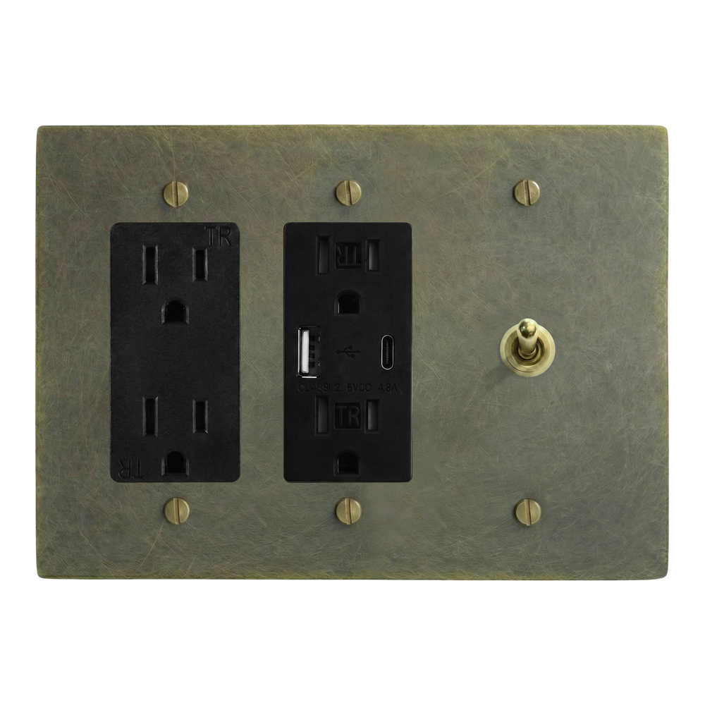 Antique Brass 3-Gang Duplex Outlet, USB Outlet & Vintage Toggle Switch Plate in Black