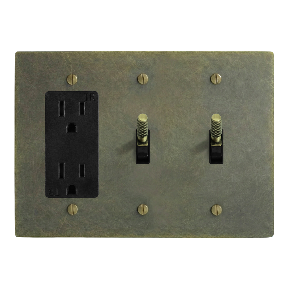Antique Brass 3-Gang Duplex Outlet, Toggle & Toggle Switch Plate in Black
