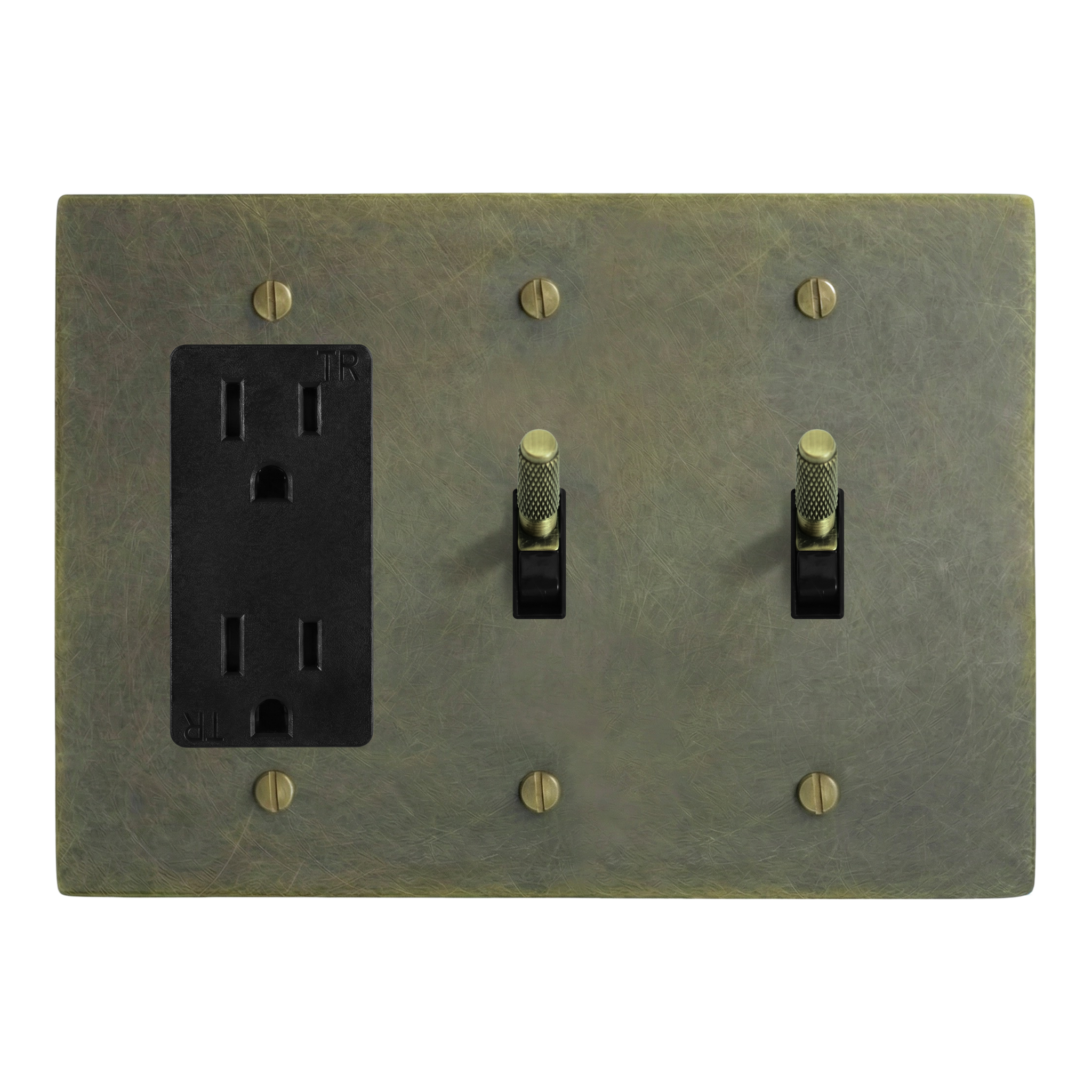 Antique Brass 3-Gang Duplex Outlet, Toggle & Toggle Switch Plate in Black