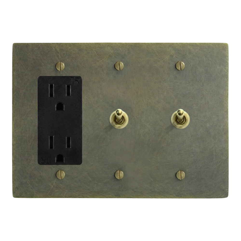 Antique Brass 3-Gang Duplex Outlet, Vintage Toggle & Vintage Toggle Switch Plate in Black