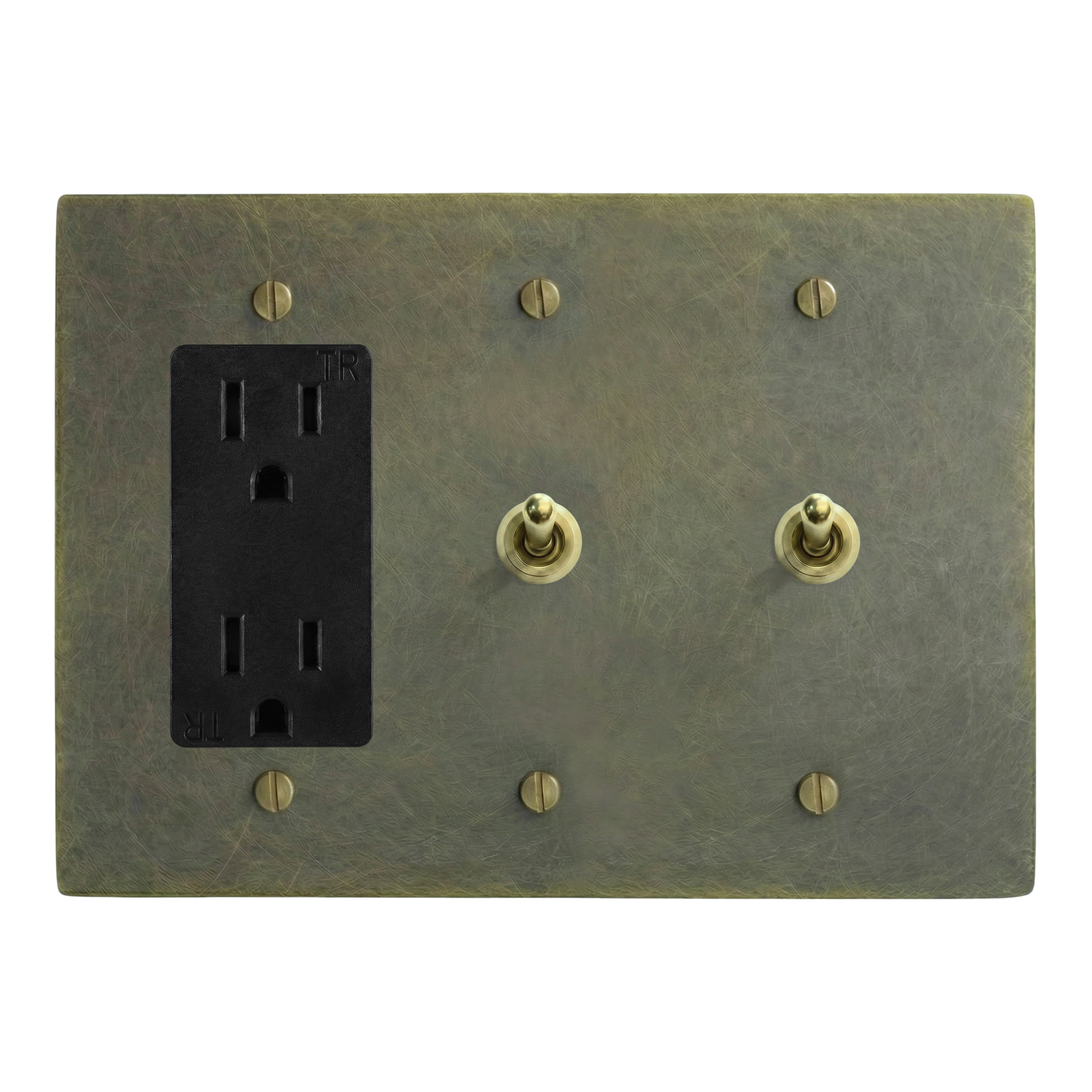 Antique Brass 3-Gang Duplex Outlet, Vintage Toggle & Vintage Toggle Switch Plate in Black