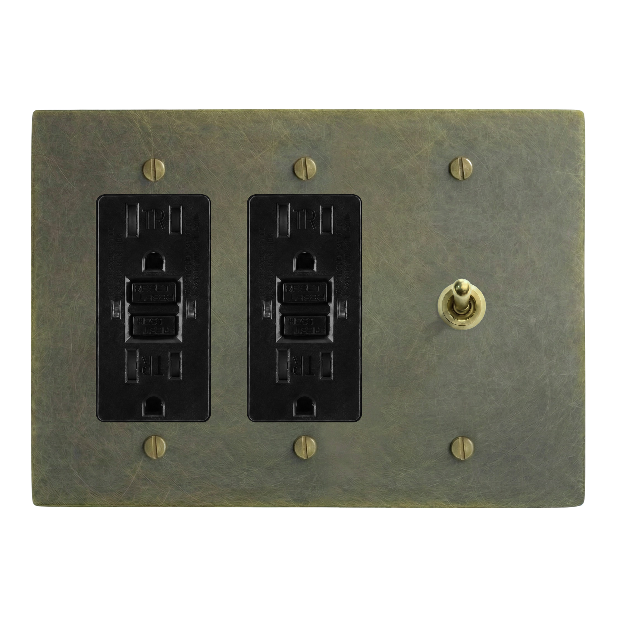 Antique Brass 3-Gang GFCI Outlet, GFCI Outlet & Vintage Toggle Switch Plate in Black