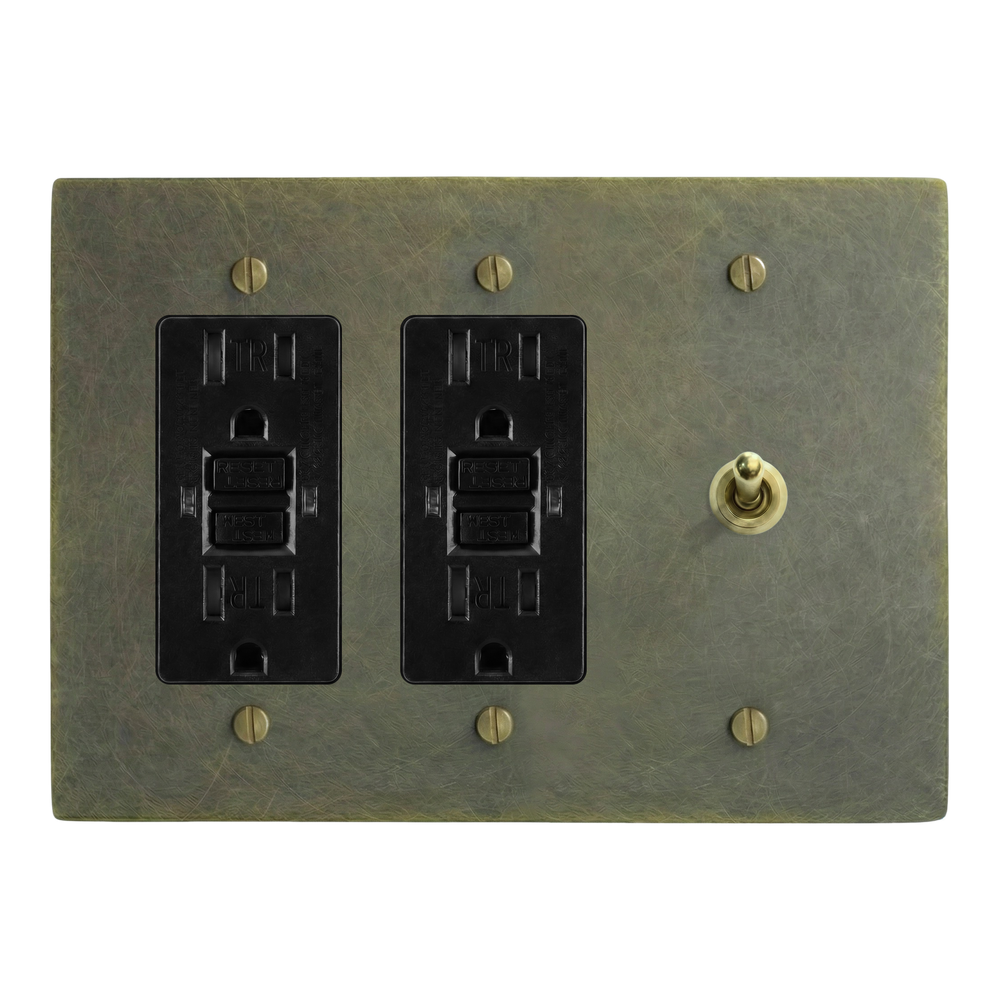 Antique Brass 3-Gang GFCI Outlet, GFCI Outlet & Vintage Toggle Switch Plate in Black