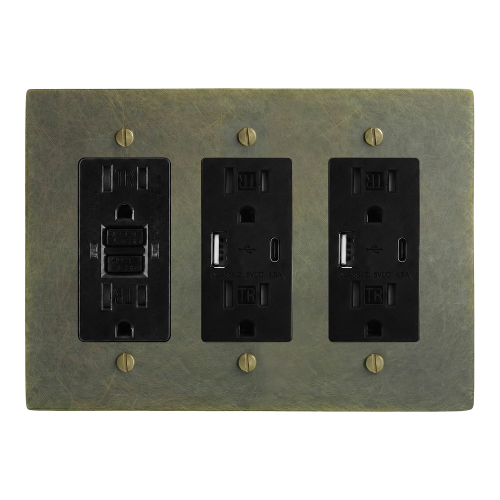 Antique Brass 3-Gang GFCI Outlet, USB Outlet & USB Outlet Switch Plate in Black