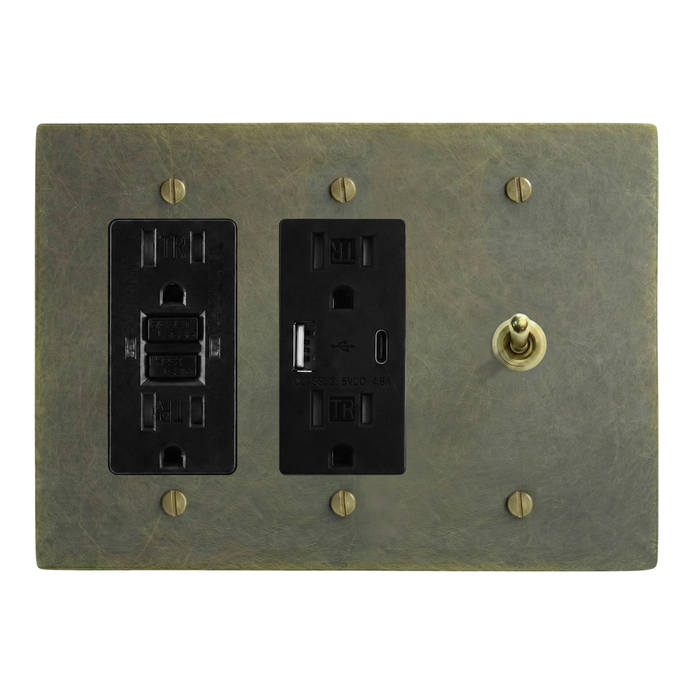 Antique Brass 3-Gang GFCI Outlet, USB Outlet & Vintage Toggle Switch Plate in Black