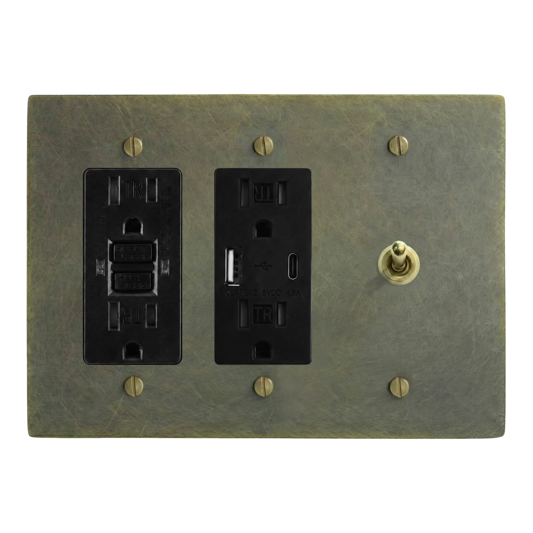 Antique Brass 3-Gang GFCI Outlet, USB Outlet & Vintage Toggle Switch Plate in Black