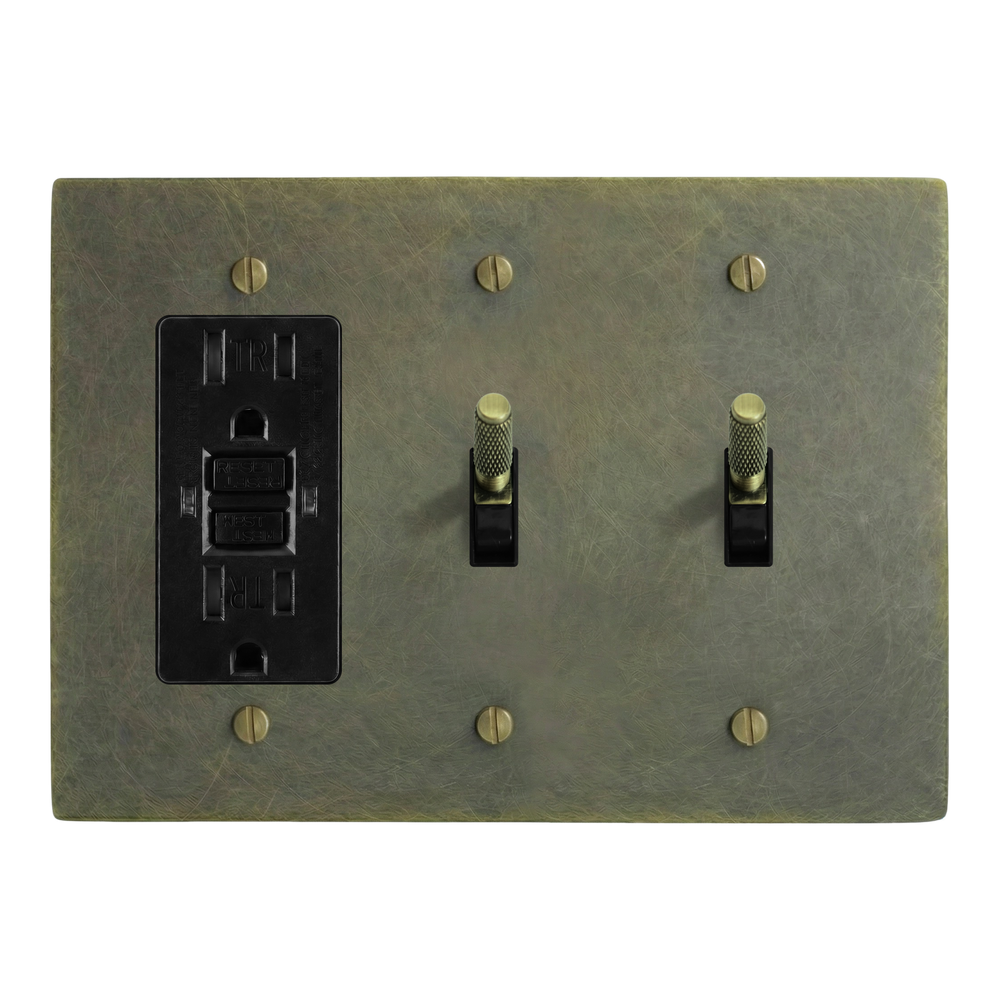 Antique Brass 3-Gang GFCI Outlet, Toggle & Toggle Switch Plate in Black
