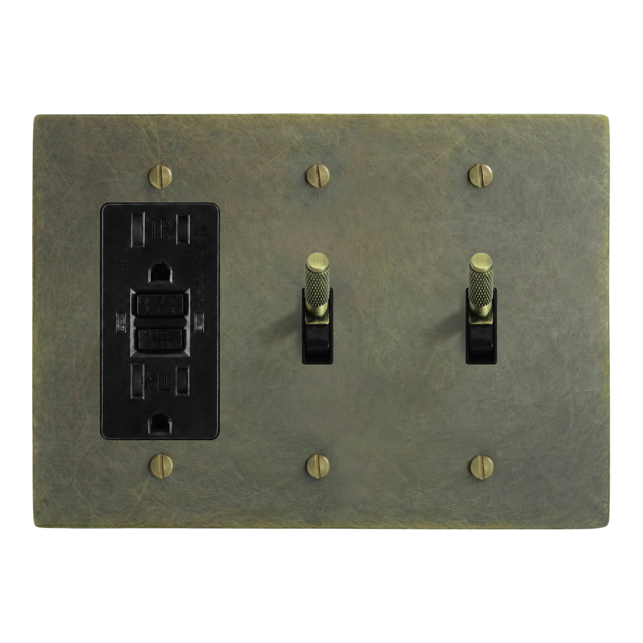 Antique Brass 3-Gang GFCI Outlet, Toggle & Toggle Switch Plate in Black