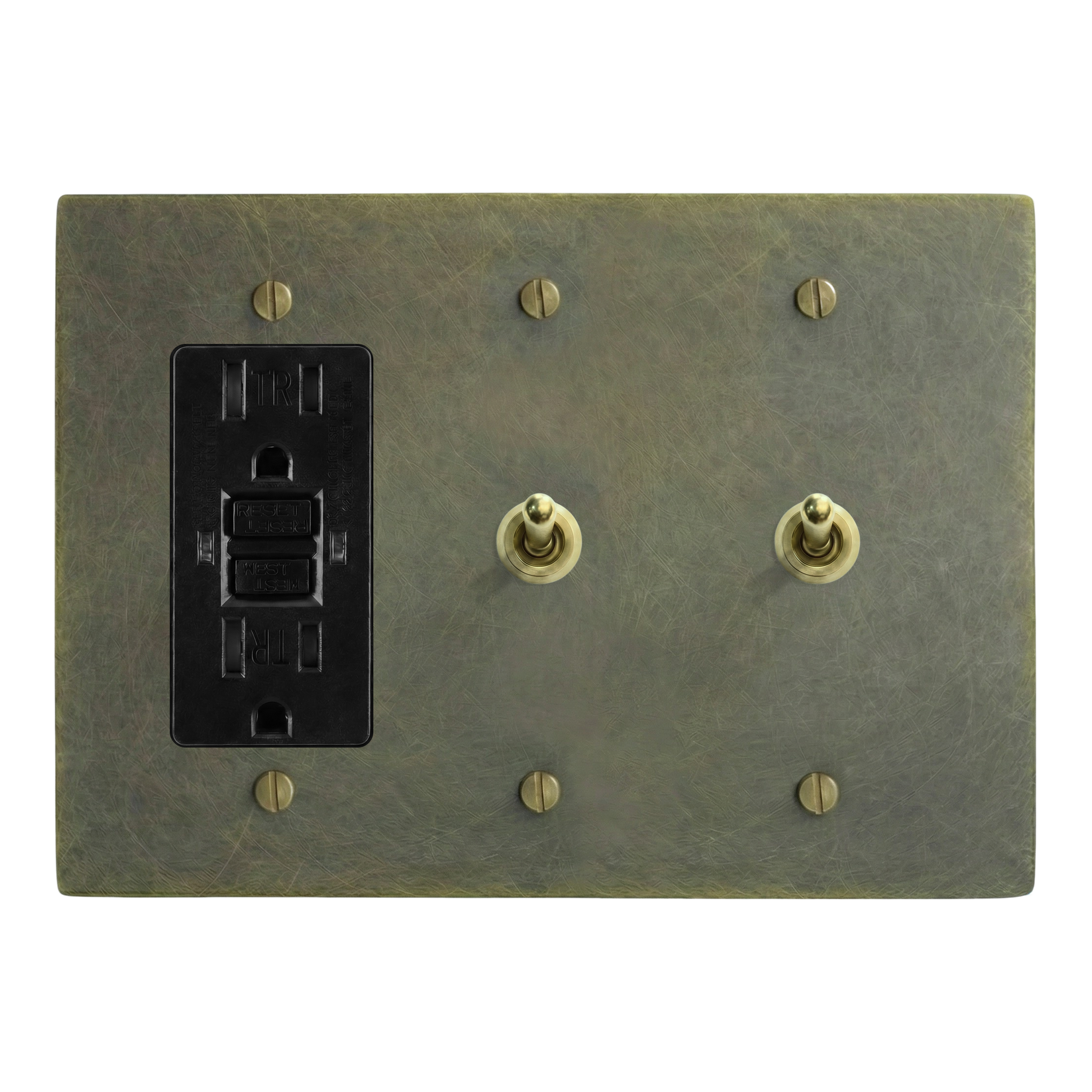 Antique Brass 3-Gang GFCI Outlet, Vintage Toggle & Vintage Toggle Switch Plate in Black