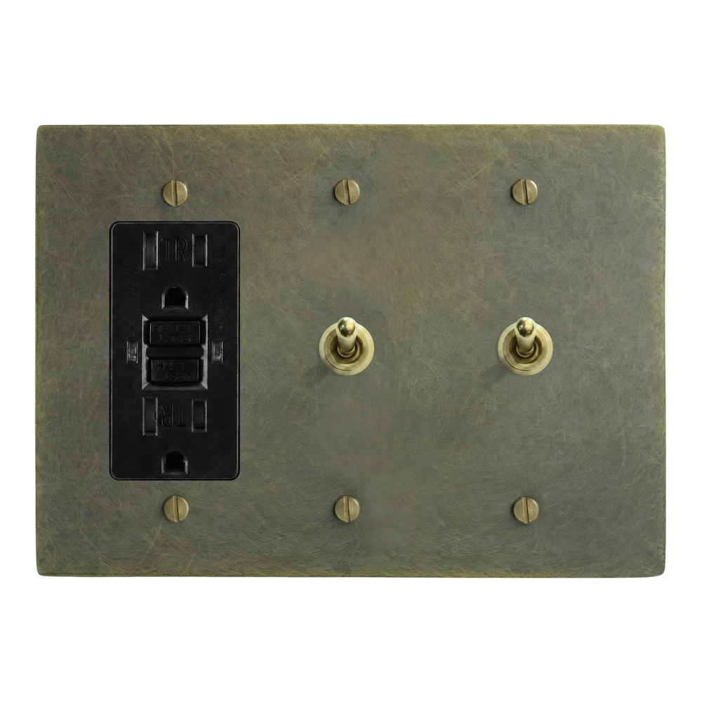 Antique Brass 3-Gang GFCI Outlet, Vintage Toggle & Vintage Toggle Switch Plate in Black