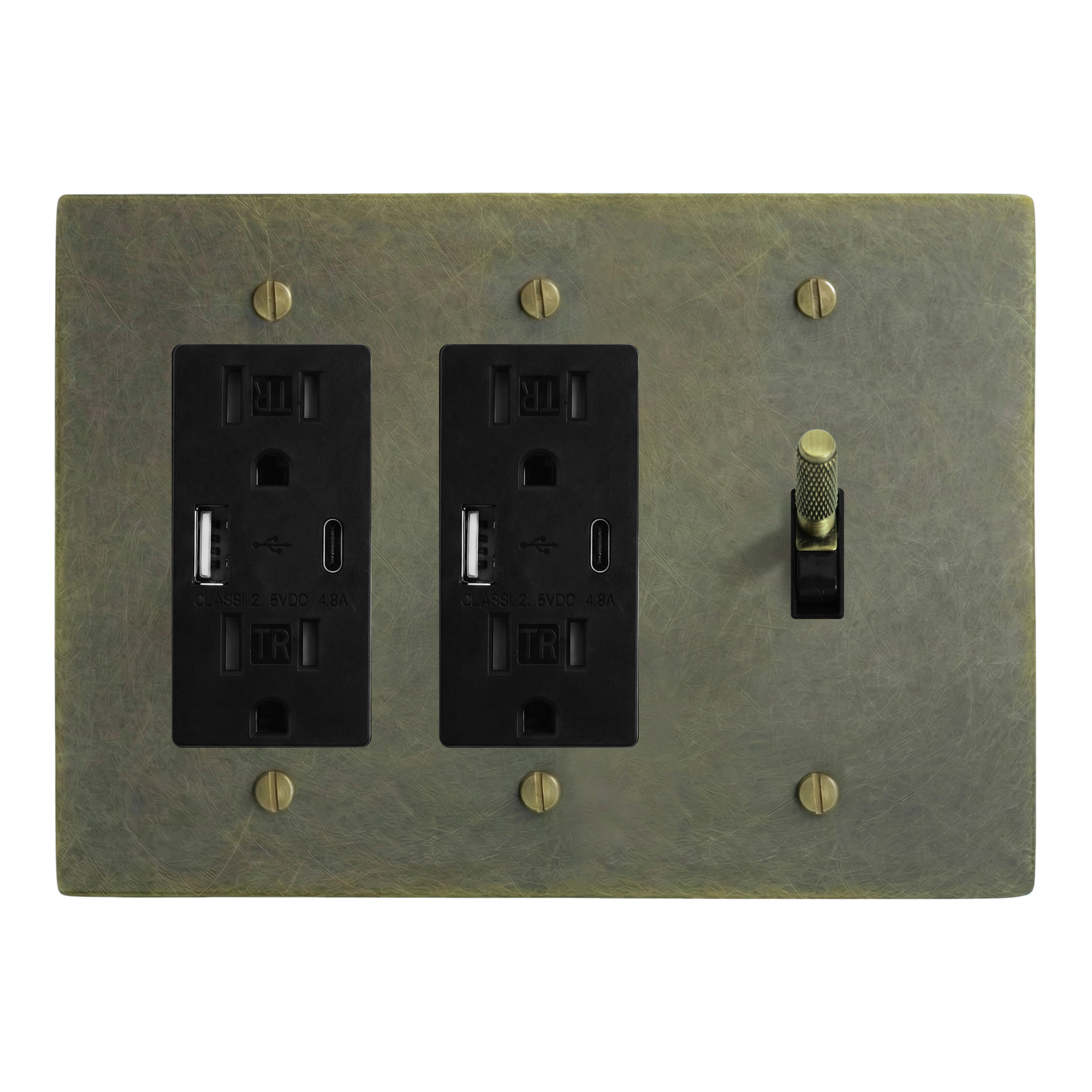 Antique Brass 3-Gang USB Outlet, USB Outlet & Toggle Switch Plate in Black