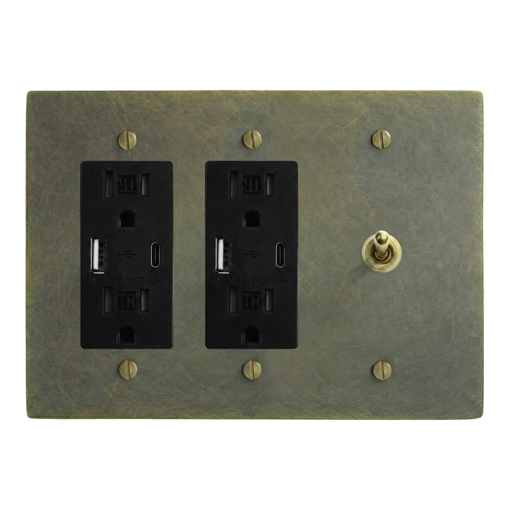 Antique Brass 3-Gang USB Outlet, USB Outlet & Vintage Toggle Switch Plate in Black