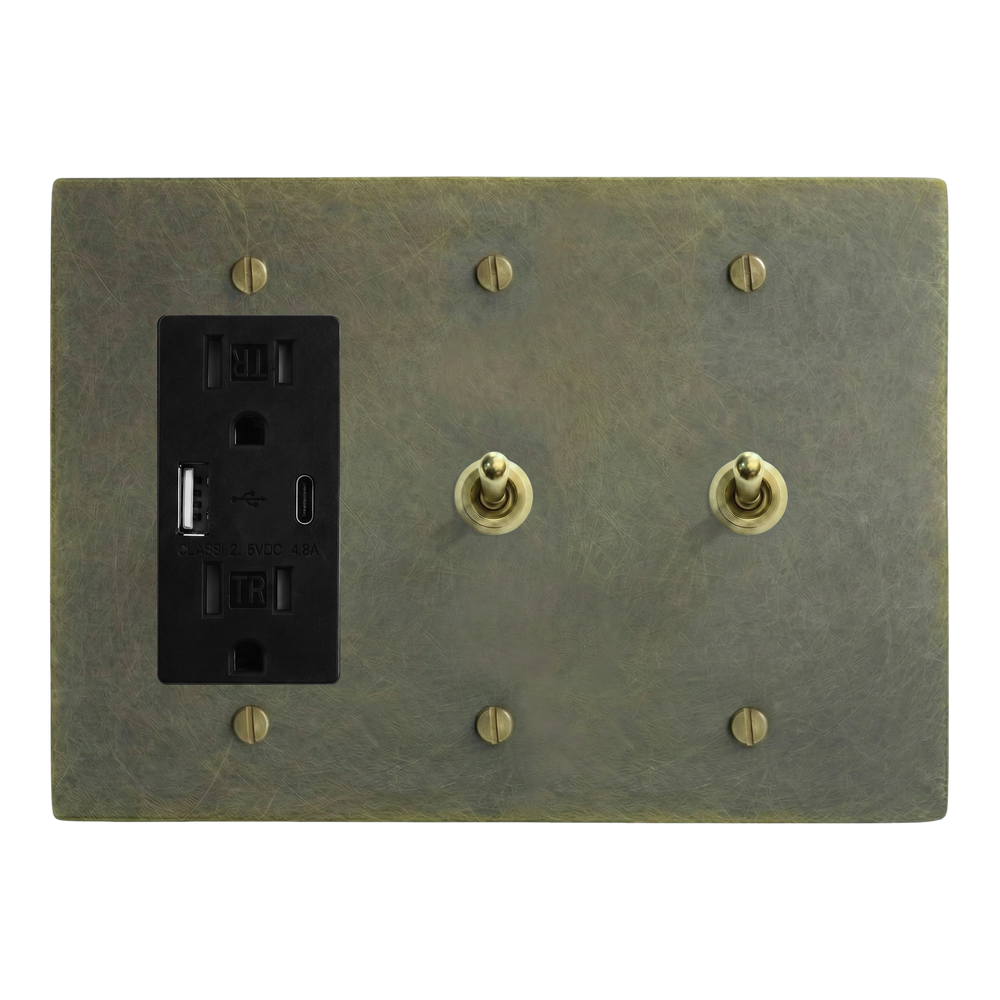 Antique Brass 3-Gang USB Outlet, Vintage Toggle & Vintage Toggle Switch Plate in Black