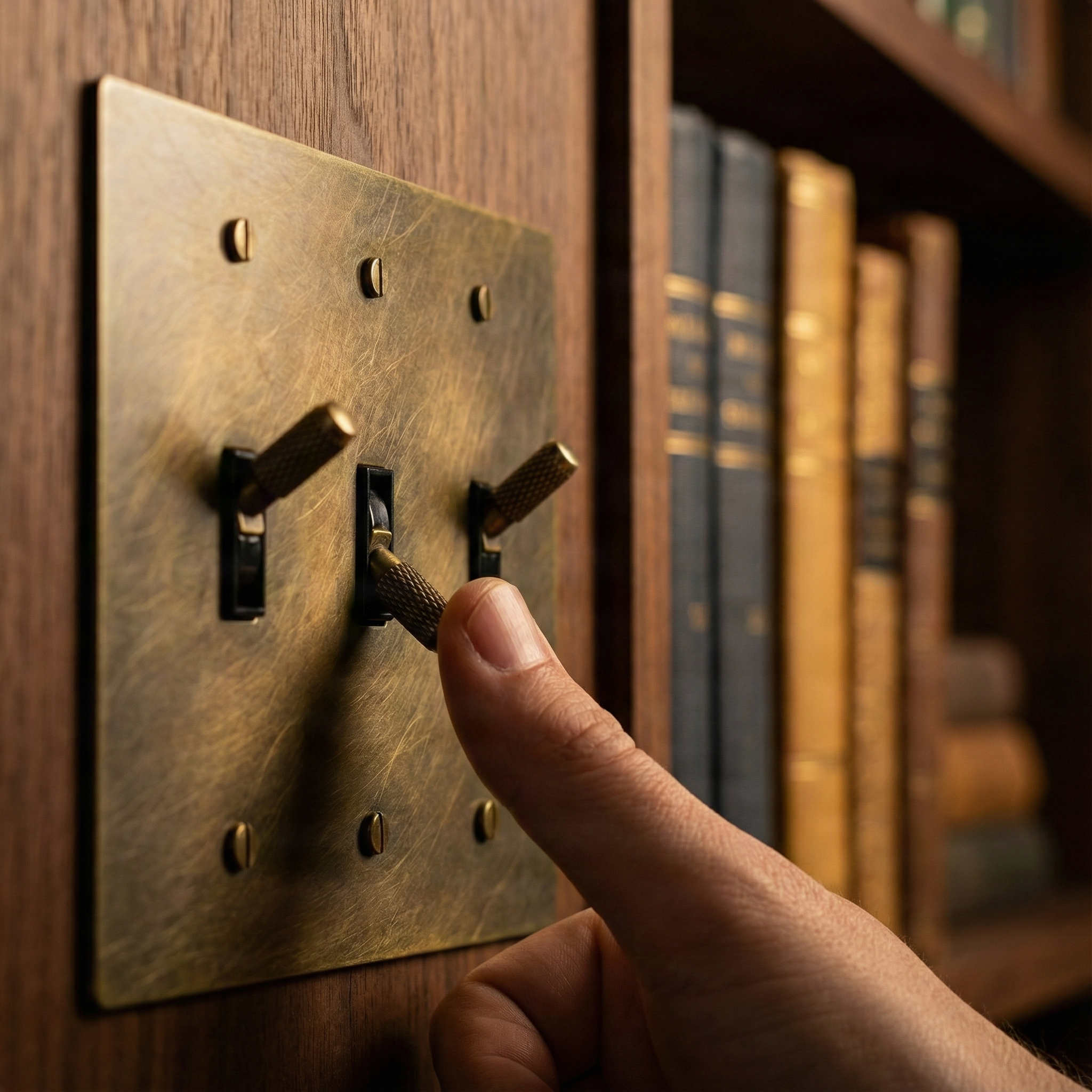 A hand switches an antique brass 3 gang toggle switch plate on wood, next to a classic bookshelf.