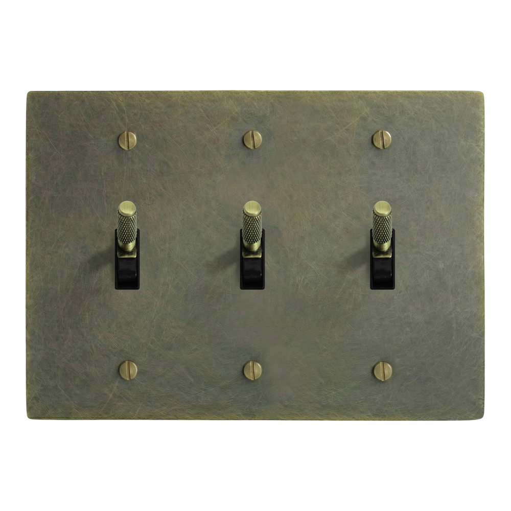 Antique Brass 3-Gang Toggle, Toggle & Toggle Switch Plate in Black