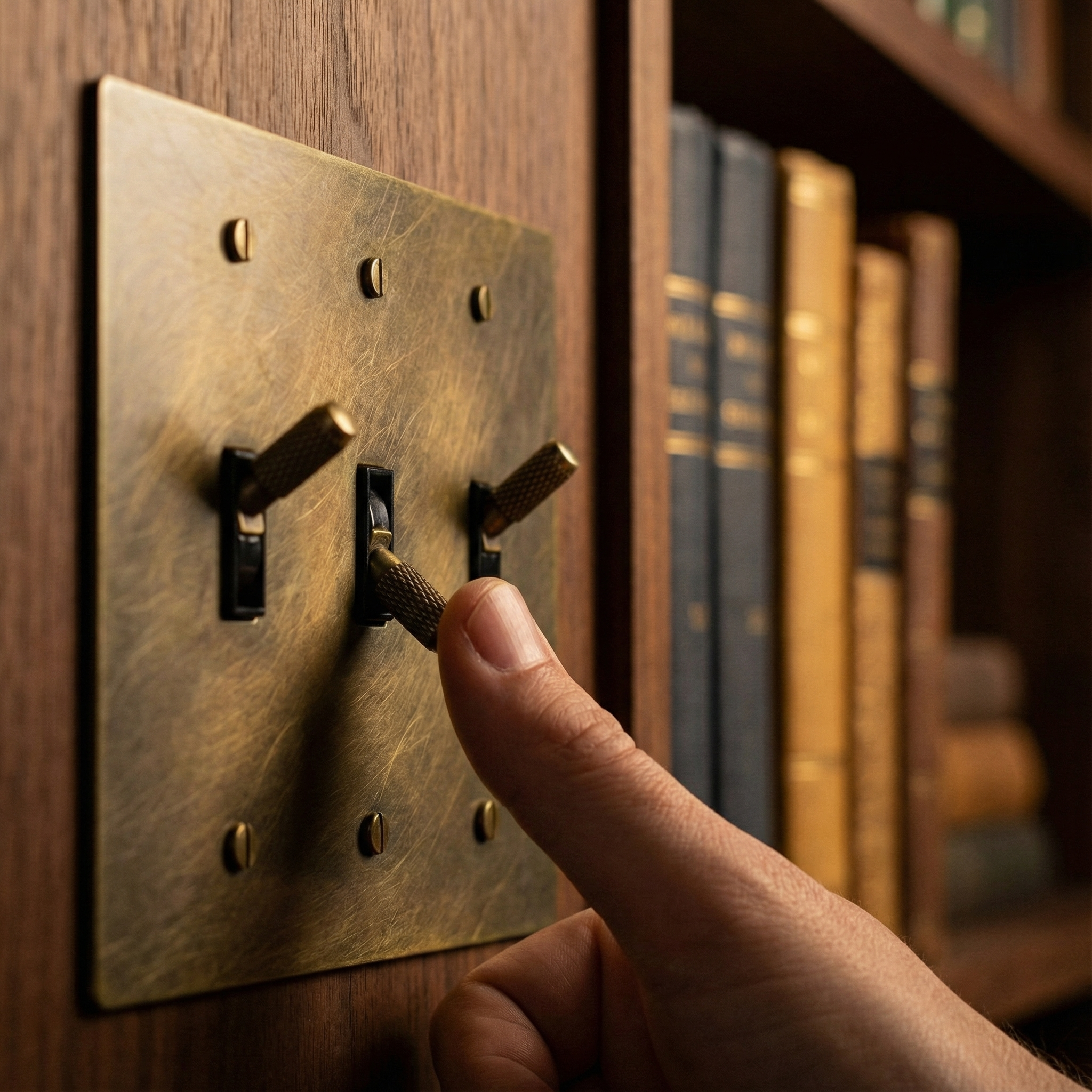 A hand switches an antique brass 3 gang toggle switch plate on wood, next to a classic bookshelf.