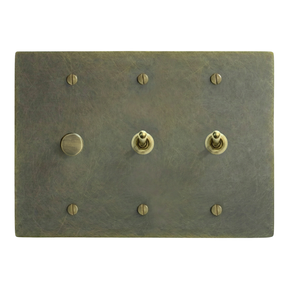 Antique Brass 3-Gang Dimmer, Vintage Toggle & Vintage Toggle Switch Plate
