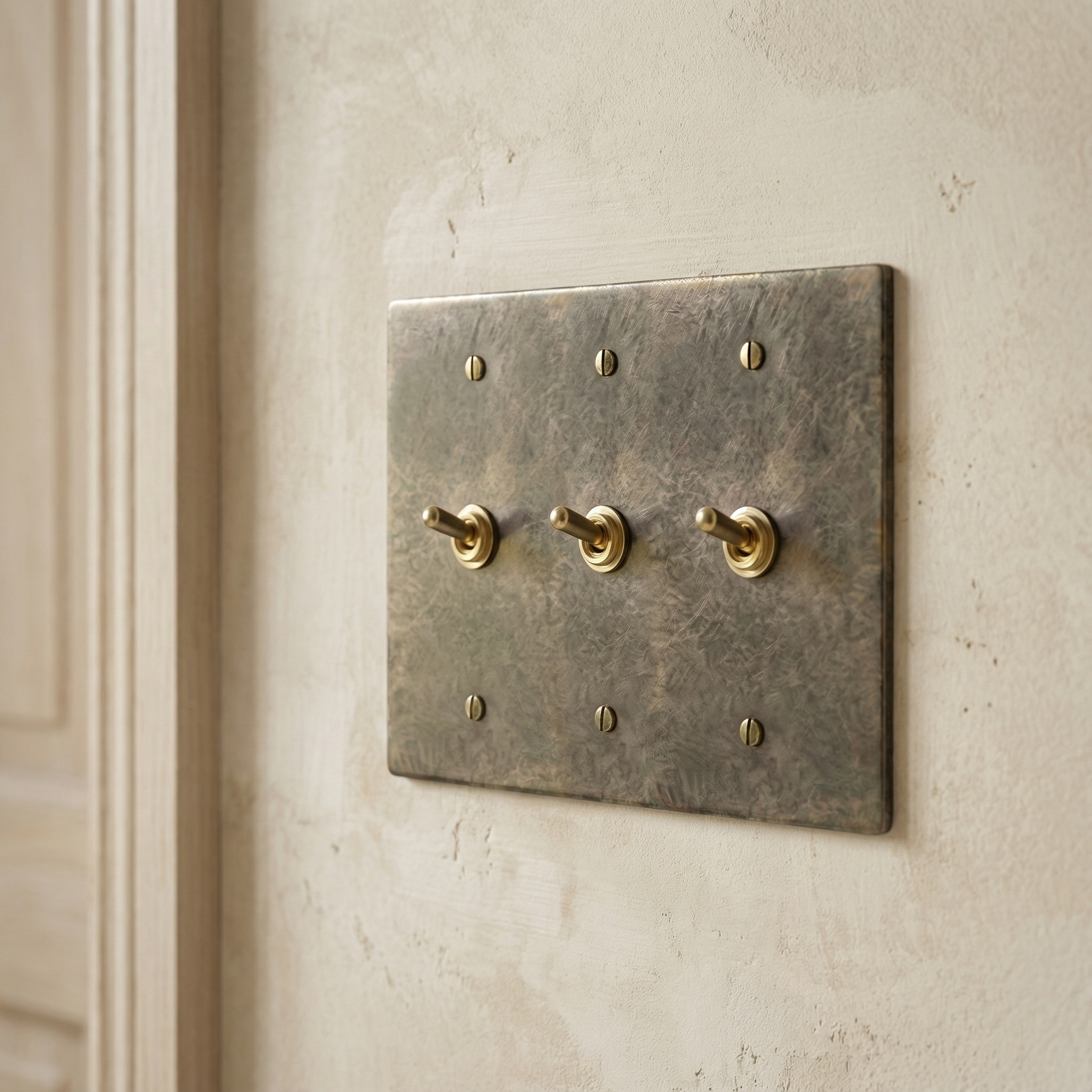 Timeless antique brass 3 gang vintage toggle switch plate on a textured wall, an emblem of quiet luxury.