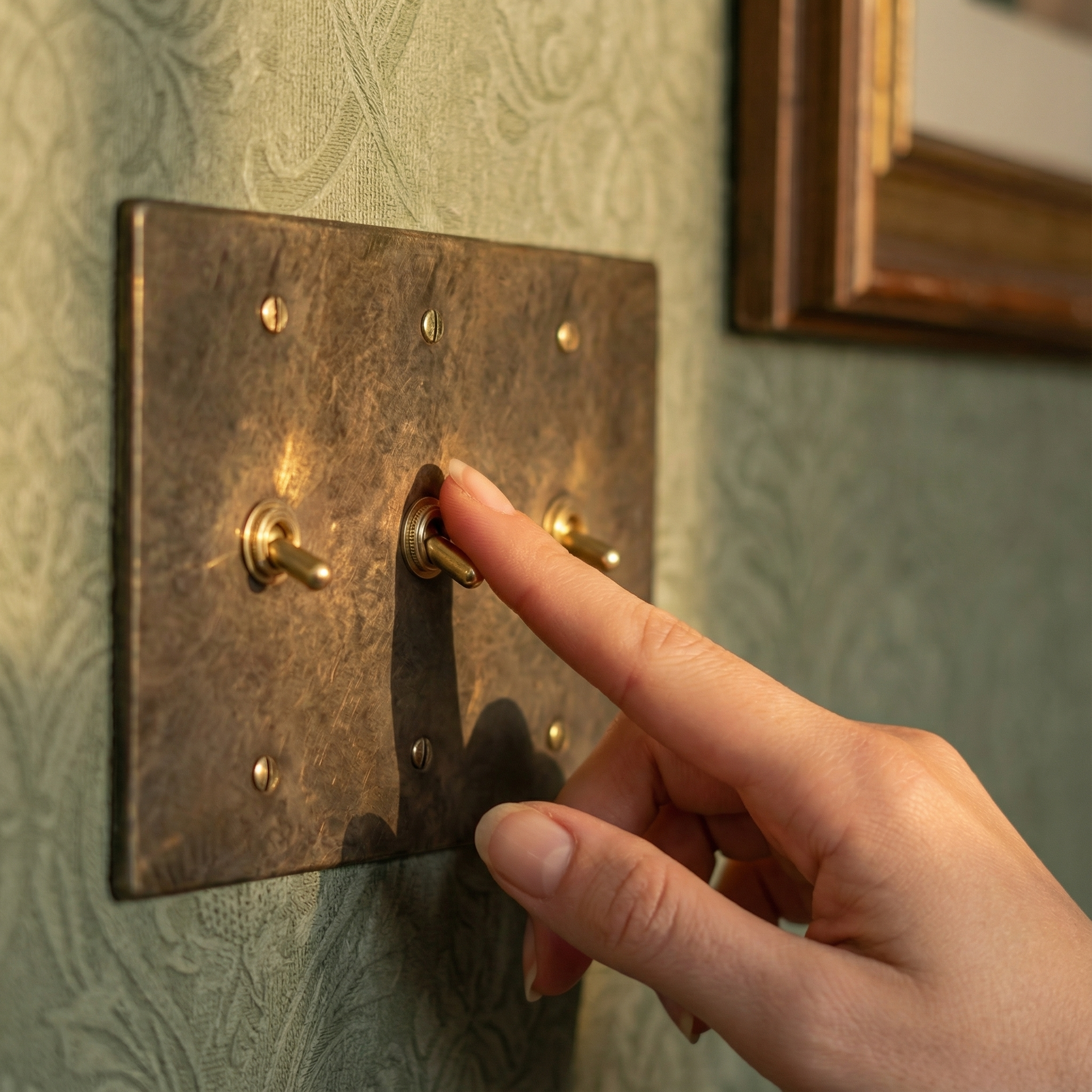 Finger activating an antique brass 3 gang vintage toggle switch plate, creating a warm glow on textured wallpaper; timeless elegance.