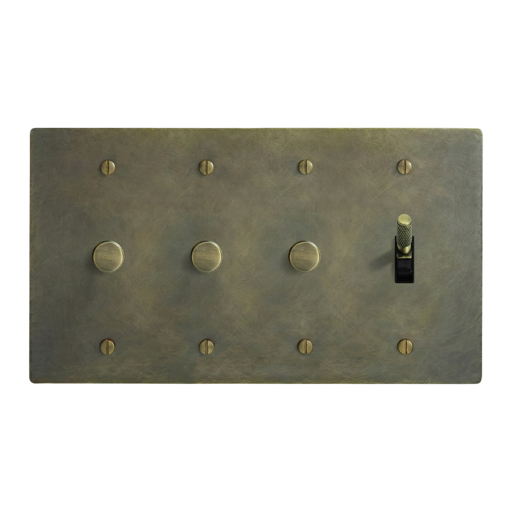 Antique Brass 4-Gang Dimmer, Dimmer, Dimmer & Toggle Switch Plate in Black