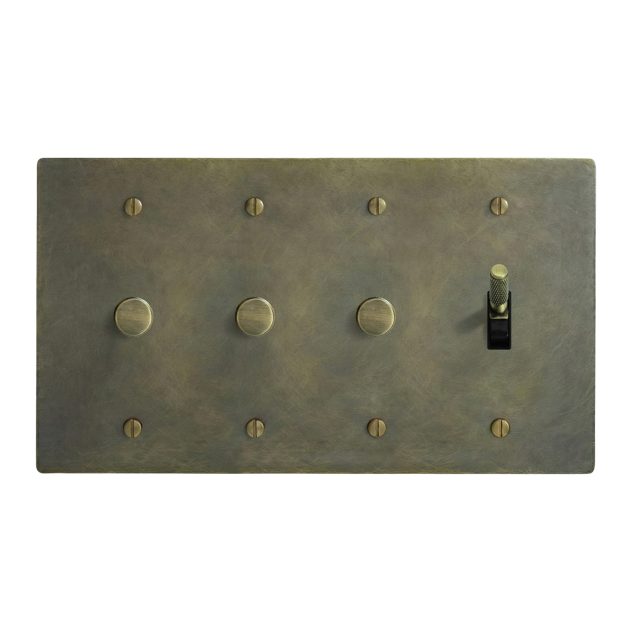 Antique Brass 4-Gang Dimmer, Dimmer, Dimmer & Toggle Switch Plate in Black