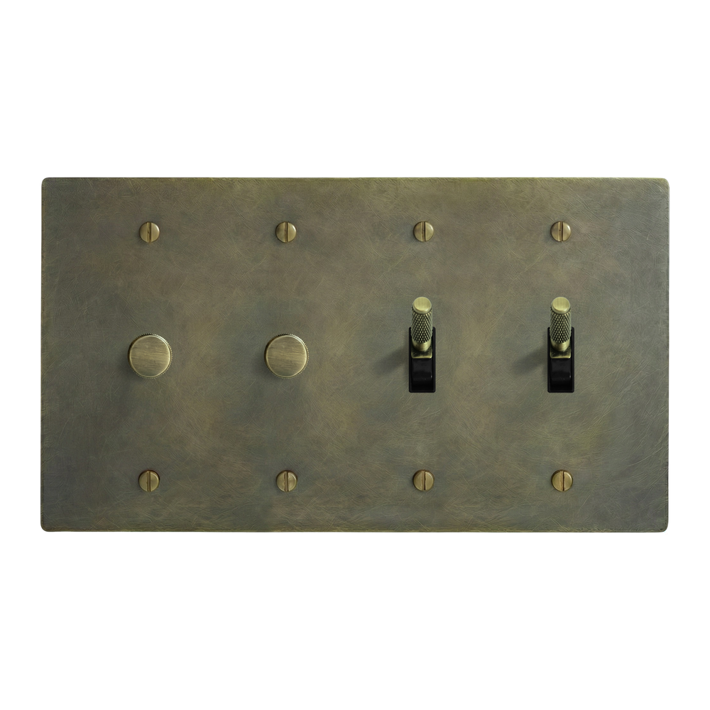 Antique Brass 4-Gang Dimmer, Dimmer, Toggle & Toggle Switch Plate in Black